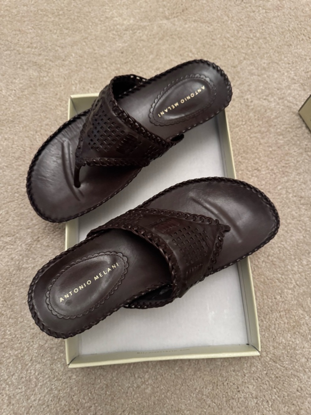 ANTONIO MELANI Dark Brown Woven Leather Thong Sandals